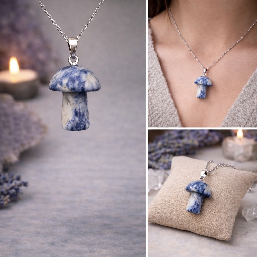 Handmade Sodalite Mushroom Pendant Necklace Silver Chain Nature Inspired Boho